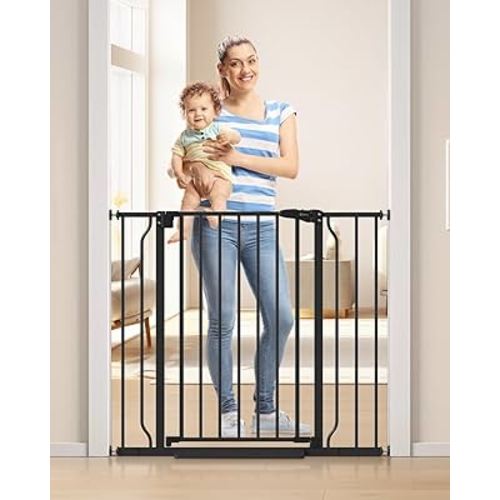 34" Extra Tall Baby Gate for Stairs, Auto Close Stroller Friendly Dog Gate Indoor for Doorways, Pressure Mounted 29"-40" Wide Baby Gate, Easy Walk Through Gate for Children & Pets, Black