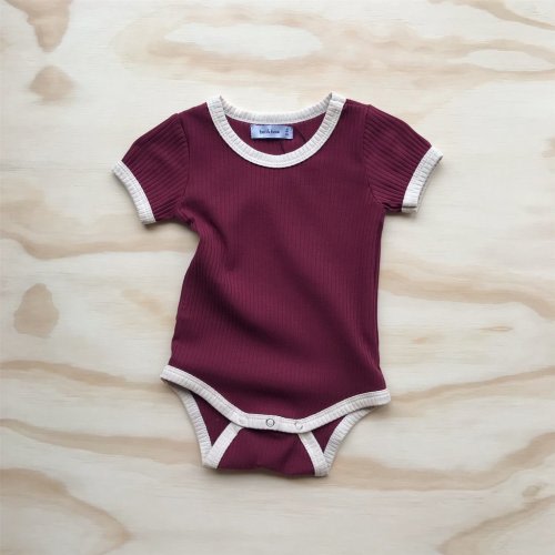 Ribbed Cotton S/Slv Retro Ringer Bodysuit - Berry