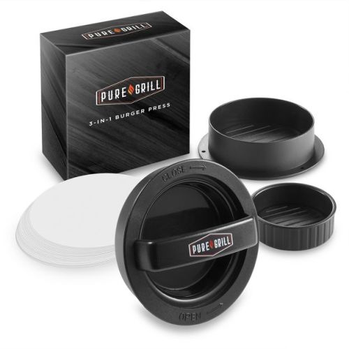 Pure Grill 3-in-1 Burger Press with 100 Wax Papers for Grilling Stuffed Hamburgers, Patties, and Sliders