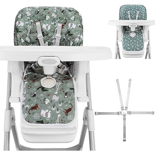 Baby High Chair Cover Replacement, Reversible & Waterproof High Chair Cushion Pad Home & Restaurant use, Includes 5-Point Harness Strap, Chair Not Included (Dark Green)