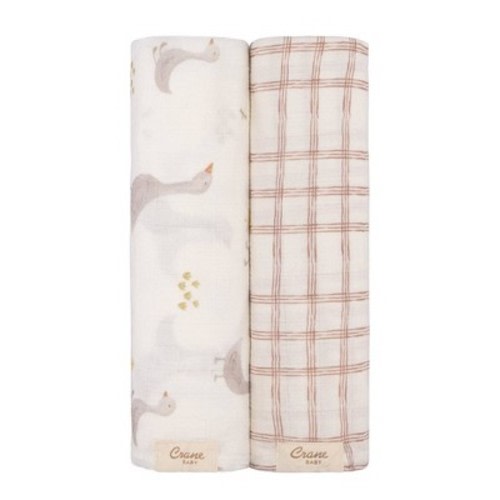 Crane Baby Muslin Swaddle Blanket 2pc - Charlie Farmhouse Goose/Check: Cotton, Animals Pattern, Farm and Country Theme