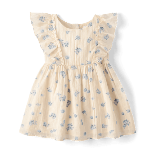 6-9 months Girls Floral Textured Flutter Dress - Cream