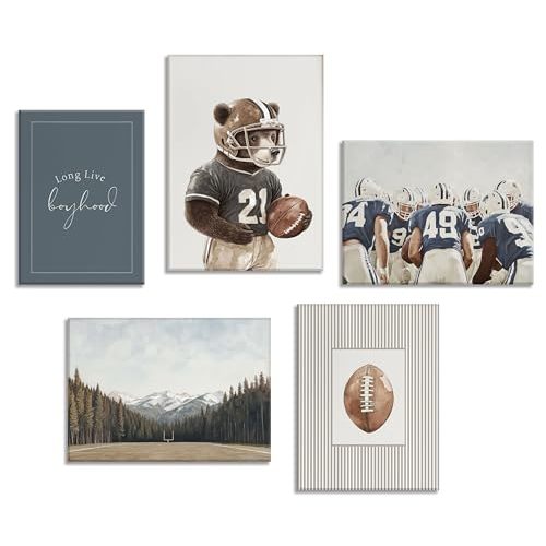 5Pcs Vintage Sports Nursery Wall Art Football Sports Wall Decor Teddy Bear Team Field Posters Vintage Boys Room Pictures for Teen Room Home Decor Framed