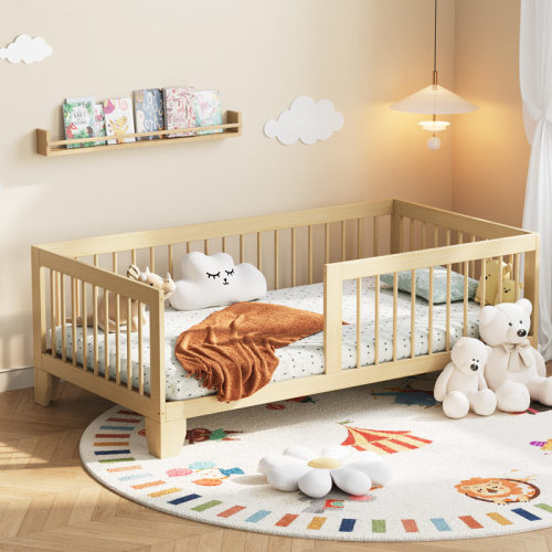Harriet Bee Solid Wood Toddler Bed, Twin Kids Floor Bed, Montessori Floor Bed With Guardrail & Reviews | Wayfair
