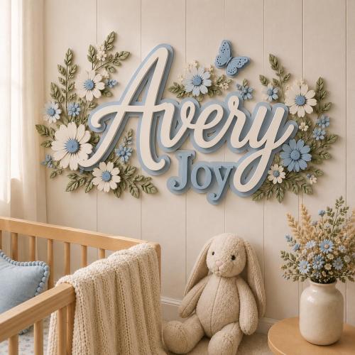 Personalized Nursery Name Sign, Custom Floral Baby Name Wall Decor, 3D Wooden Nursery Sign, Baby Girl Room Decor, Baby Shower Gift