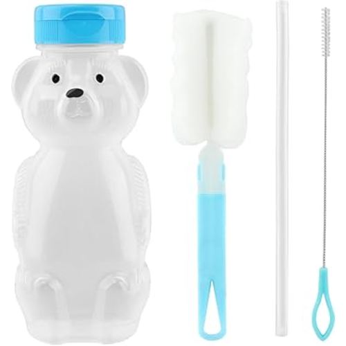 4pcs/set 8oz Bear Straw Cup,Honeybear Cup with Stopper,Bear Sippy Cup with Straw,Bear Cup with Straw,Honey Bear Straw Cup,Home Dishwasher Safe Leakproof Bear Straw Cup(SIZE:1.44x2.48x5.83inch)