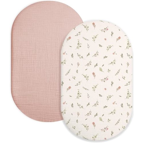 Bassinet Sheet for Baby Boy Girl 2 Pack, Fitted Sheets for Rectangle, Oval, Hourglass Bassinet Mattress, Muslin Moses Basket Sheets (Petal Leaf & Pink, Bassinet Sheet)