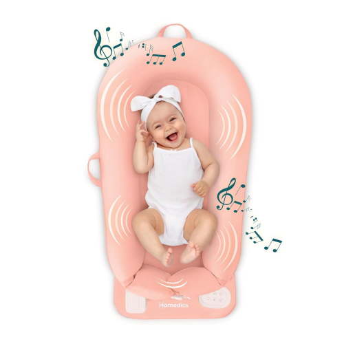 Homedics 3-in-1 Calming Baby Cushion, Soothing Comfort for Newborns & Infants, Snuggling Sensation, Sound and Vibration, Designed for Safety, Cordless, Rechargeable & Machine-Washable, Coral