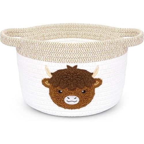 Highland Cow Gift Basket - Small Woven Cotton Rope Organizer Basket for Nursery, Pet Toys & Baby Shower, Foldable Decorative Bin with Handles (7.8x6in)