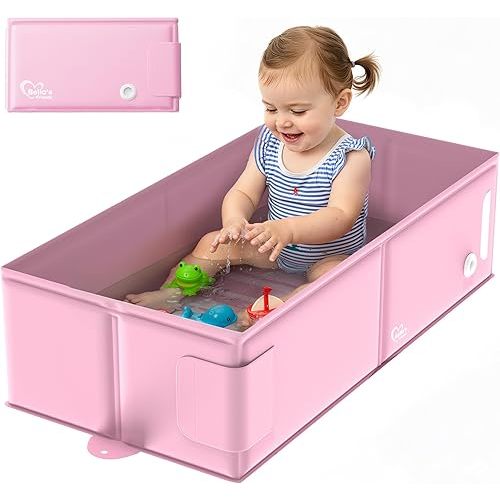 Bella’s Friends Baby Collapsible Bathtub, Travel Bath Tub for Baby, Foldable and Portable, Easy Storage, Reinforced Structure, Lightweight, Travel Essentials for 6M-3Y Infant Toddler, Pink