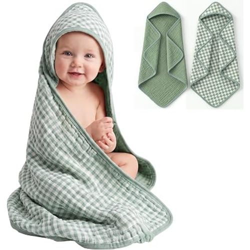 Hahafelt 2 Pack Muslin Hooded Baby Towels 100% Muslin Cotton, Green