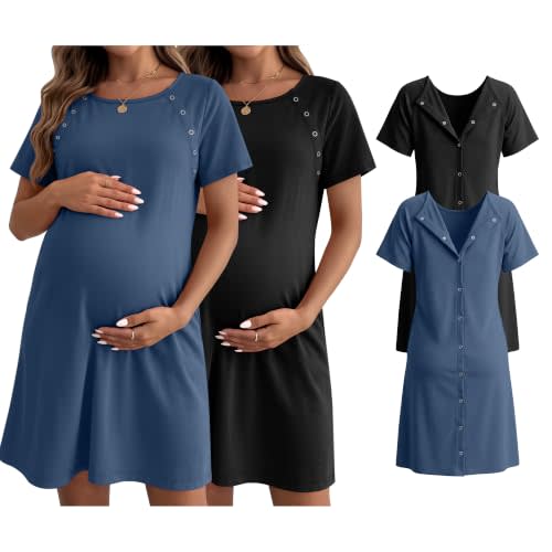 Huukeay 2 Pack Labor and Delivery Hospital Gown | Women Nursing Birthing Maternity Dress, 3 In1 Breastfeeding Nightgown, Buttons Short Sleeve Pjs Robe, Sleepwear