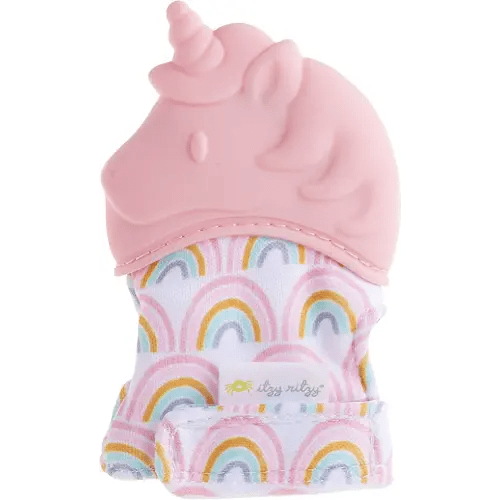 Itzy Ritzy Silicone Teething Mitt - Soothing Infant Teething Mitten with Adjustable Strap, Crinkle Sound & Textured Silicone to Soothe Sore & Swollen Gums, Blush Unicorn