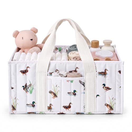 Tallew Mallard Duck Baby Diaper Caddy Organizer Portable Nursery Storage Basket for Diaper Station Quilted Beige Newborn Basket Shower Gift List and Registry for Boy Girl