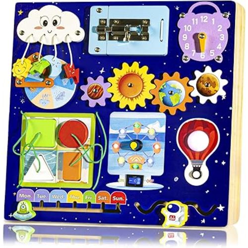 Wooden Busy Board with LED Light - Montessori Toddler Toys for 1-4 Years Old Boys & Girls, Sensory Toys for Fine Motor Skills - Travel Educational Learning Activities for Kids with Autism