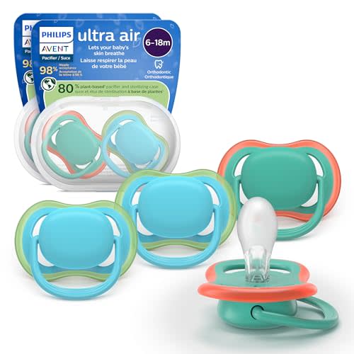 Philips Avent Ultra Air Pacifiers - Orthodontic Design, for Babies 6-18 Months, Soft Silicone Symmetrical Nipple, BPA-Free, 2 Sterilizing Cases, 4 Pack, SCF087/24