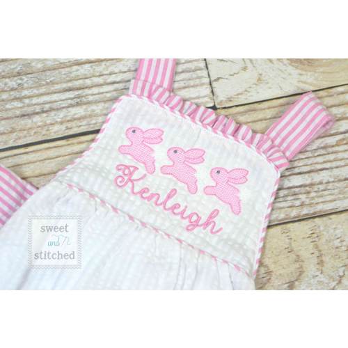 Monogrammed baby girl seersucker Easter romper with bunnies, girls cross backed bubble, easter outfit, church outfit