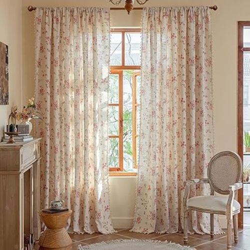 OYX Pink Boho Floral Curtains 84 Inch Long 2 panels, French Vintage Farmhouse Patterned Decor Window Drapes With Tassels, Girls Semi-Sheer Light Filtering For Bedroom Living Room (Rod Pocket, 52Wx84L)
