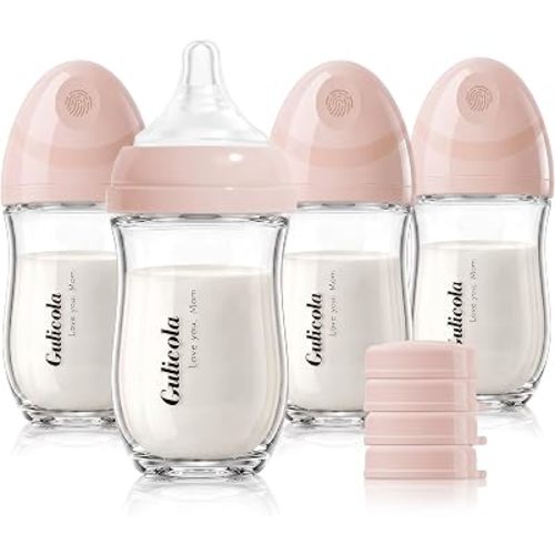 Gulicola Natural Glass Baby Bottle 8 oz for Breastfed Babies, Anti-Colic Baby Bottle Set with Medium Flow Nipple, 3 Months +, 4 Pack - Pink
