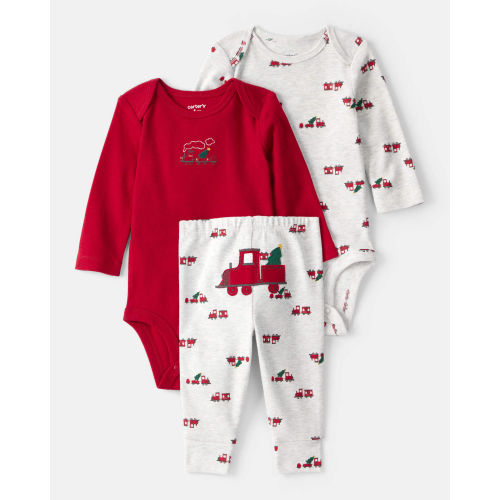 Baby Boy 3-Piece Train Print Long-Sleeve Bodysuits & Pant Set - Red/White - Carter's | Carter's