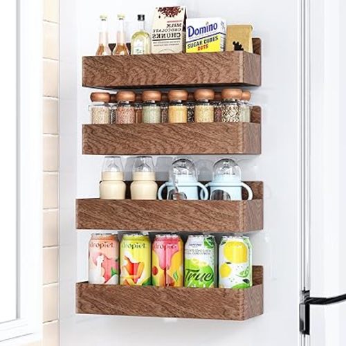 Magnetic Spice Rack for Refrigerator, Kitchen Organizer and Storage Shelf, Wood Red (4 Pack)…