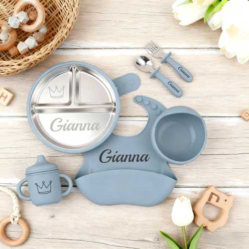Custom Name Silicone 6pcs Toddler Feeding Set, Personalized Stainless Steel Dish with Name, Weaning Set for Toddler Baby Kids, Baby Gift