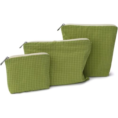 Makeup Bag 3-Piece Set, Green Plaid Water-Repellent Nylon, Original Design Boho Small Cosmetic Organizer For Women Travel, Daily Commute & Gift Packaging