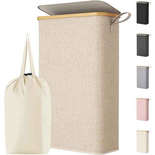 Lifewit 65L Slim Laundry Hamper with Lid, Narrow Laundry Basket with Removable Bag & Bamboo Handles, Fodable Thin Dirty Clothes Hamper for Laundry Collapsible Bin for Bathroom Bedroom Dorm, Beige