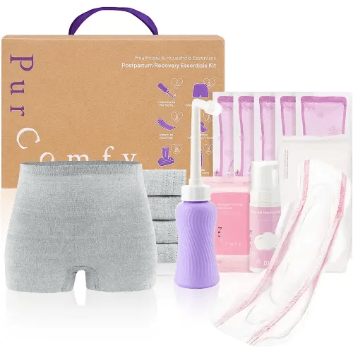 PurComfy 18 Pcs Postpartum Essentials Recovery Kit, Includes 5 Disposable Underwear, 24 Perineal Soothing Pad Liners, Perineal Soothing Foam, 5 Instant Ice Pads, Peri Bottle and 5 Postpartum Pads