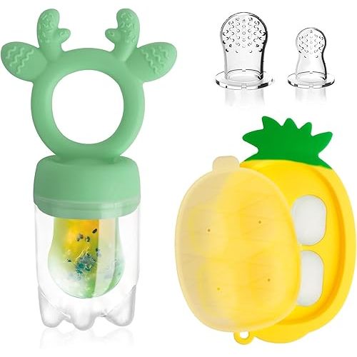 Baby Fruit Food Feeder - Silicone Nibble Tray Combo - Breastmilk Popsicle Mold for Cooling Relief, BPA Free Mesh Feeder for Infant Self Feeding (Deer Green + Pineapple)