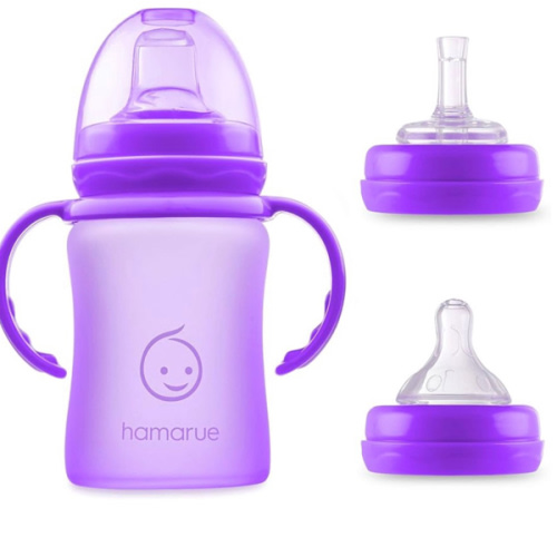 3-in-1 Glass Sippy Cups for Toddlers | Silicone Coated Glass Baby Bottles | Non-Toxic Transition Cup for Baby with Removeable Handles | Baby Straw Cup NB+,3M,6M,12M (Purple, 5 oz)