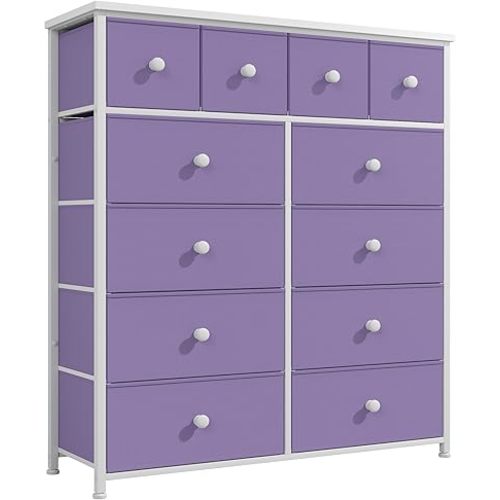 Dresser for Bedroom with 12 Drawers, Fabric Dressers & Chest of Drawers with Sturdy Metal Frame, Wood Top, for Woman, 40.6" W x 11.8" D x 44.5" H (Purple)