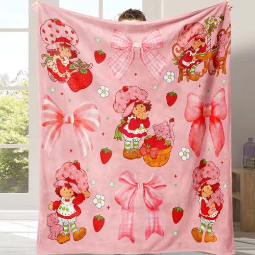 Ultra-Soft Flannel Strawberry & Girl Cartoon Blanket - Cozy Throw for Bedroom, Sofa - Room Accessories, Bedroom Decor, House Decor for Girls - Ideal Gift for Family, Friends