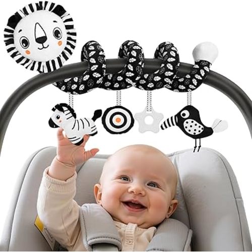 FPVERA Car Seat Toys for Babies 0-6 Months: Travel Baby Toy for Soft Hanging Toys for Carseat, Spiral Plush High Contrast Black and White Toy for Boys Girls
