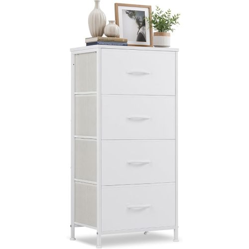 4 Drawers Dresser for Bedroom, Fabric Storage Tower Organizer with Wooden Top and Steel Frame, Tall Chest of Drawers for Closet, Entryway, Dorm, Ivory White