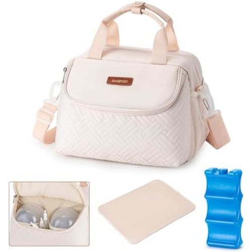 Breastmilk Cooler Bag with Ice Pack Fits 6 Baby Bottles up to 9 Ounce, Wearable Breast Pumps Cooler Bag for Nursing Mom Daycare, Work, Travel- White