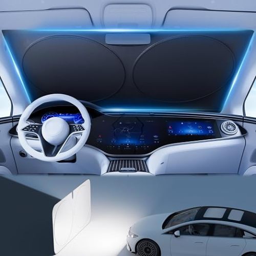 PEMOTech 2026 Upgraded Windshield Sun Shade Cover for Privacy | Overlapping Leather Protection Car Window Shades | Sunburn Blocker & Rear View Mirror Compatible | 64''x32'' for Toyota/Chevy/Honda