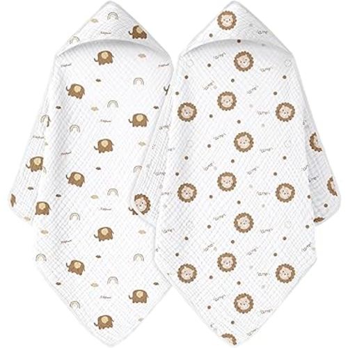 Baby Bath Towels, 100% Muslin Cotton Hooded Baby Towels for Newborn, 2 Pack Baby Towels with Hood for Infant Toddler and Kids, Large 32x32Inch, Soft and Absorbent