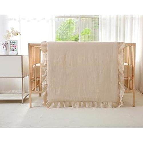 Muslin Cotton 3-Piece Crib Bedding Set for Girls Boys,Ultra Breathable Soft Crib Comforter Set with Cute Ruffled Down Alternative Crib Comforter, Fitted Sheet, Pillowcase, All Season (Beige)