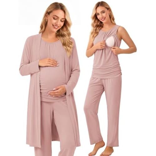 Women 3PCS Maternity Robe Sets Nursing Pajamas Postpartum Breastfeeding Pjs