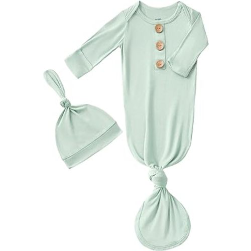 Newborn Baby Boys Girls Knotted Gown Hat Set Soft Bamboo Viscose Infant Sleeper Baby Sleep Gown with Mittens