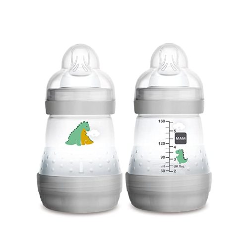MAM Easy Start Anti-Colic Newborn Essentials, Slow Flow Bottles with Silicone Nipple, Unisex, Designs May Vary, 5 Oz, 2 Count - 5 Ounce - 2 Pack