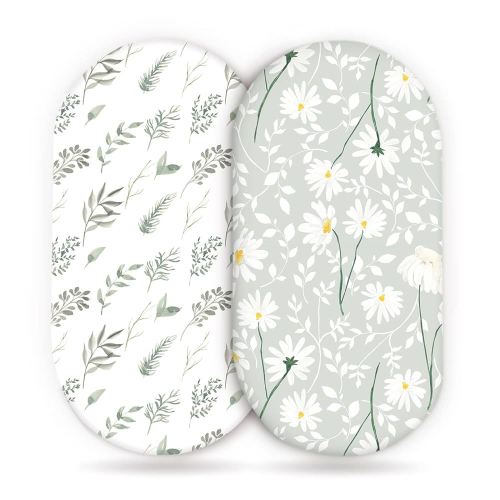 GRSSDER Stretchy Ultra Soft Fitted Bassinet Sheet Set 2 Pack, Universal Fit for Bassinets Baby Cradle Moses Basket Oval Rectangle Mattress, Watercolor Daisy Flowers Bassinet Sheets for Girls