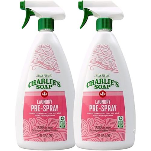 Charlie’s Soap Laundry Pre-Spray with Spray Top 32 Fl. Oz Bottle, Pack of 2, Natural Laundry Pretreat and Stain Remover – Powerful and Eco-Friendly