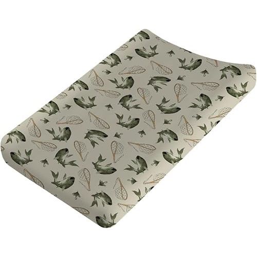 Vintage Bass Fishing Baby Changing Table Pad Covers for Boy Girl 32''x16'' Lake Fish Fitted Diaper Change Table Sheets Neutral Fishing Lovers Gift Comfort Soft Breathable Baby Changing Table Mats