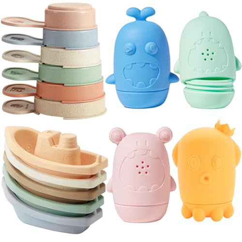 AMCHSURI Baby Bath Toys for Kids Ages 1-3, 15 PCS Mold Free Toddler Bath Toys Bathtub Water Toys with Stackable Boats & Spoons and Silicone Bath Toy for Babies 6-12 Months
