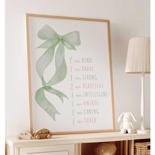 Sage Green and Pink Bow Positive Affirmations Wall Art, Printable Inspirational Nursery Decor 24A