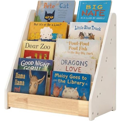 5-Tier Rubber Wood Kids Bookshelf, Montessori Toddler Bookcase, Wooden Book Organizer for Nursery Playroom Classroom, 16.34" x 15.75", White