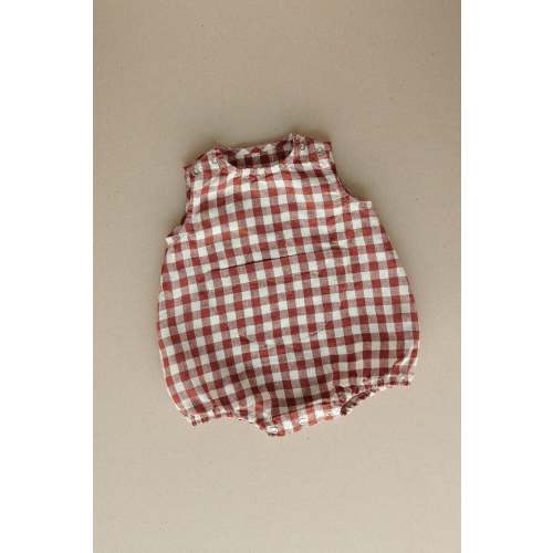 Unisex gingham linen baby romper with pocket
