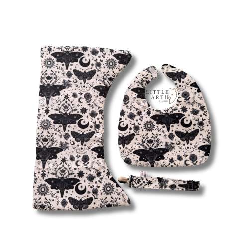 Moth Print Baby Set | Bib, Burp Cloth, Pacifier Clip | Gothic Nursery Bundle